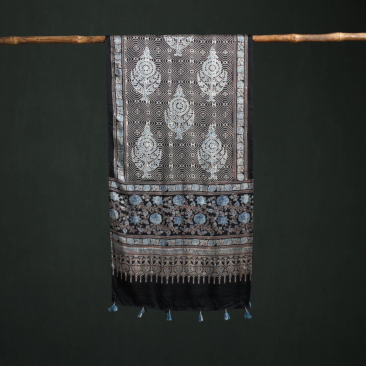 Modal Silk Ajrakh Hand Block Print Natural Dyed Stole 31