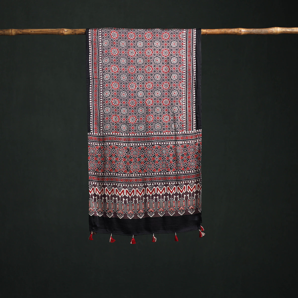 Modal Silk Ajrakh Hand Block Print Natural Dyed Stole 30