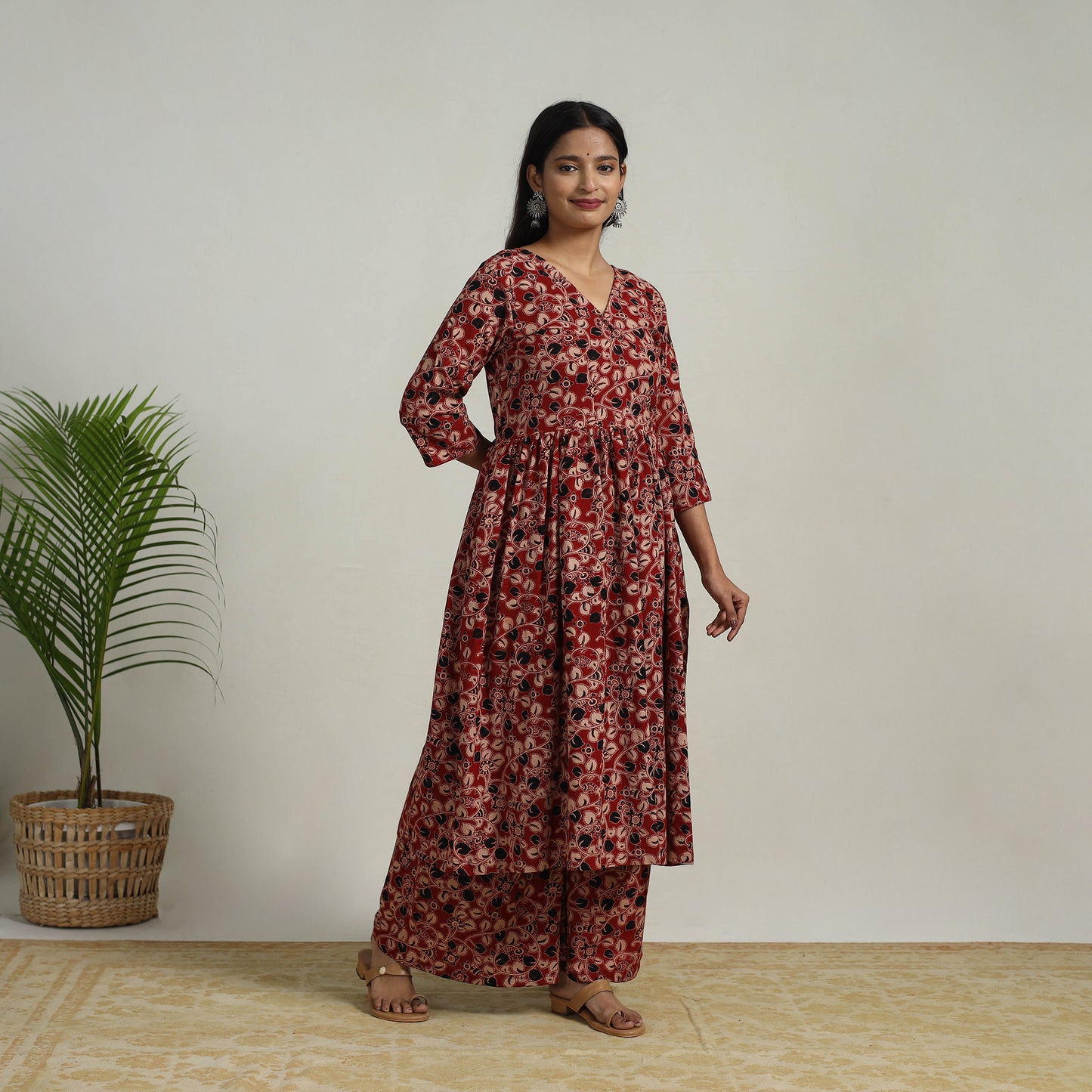 Red - Flared Cotton Block Print Kalamkari Kurta Set 15