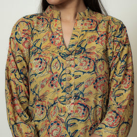  Yellow Block Print Cotton Straight Kalamkari Kurta for Women