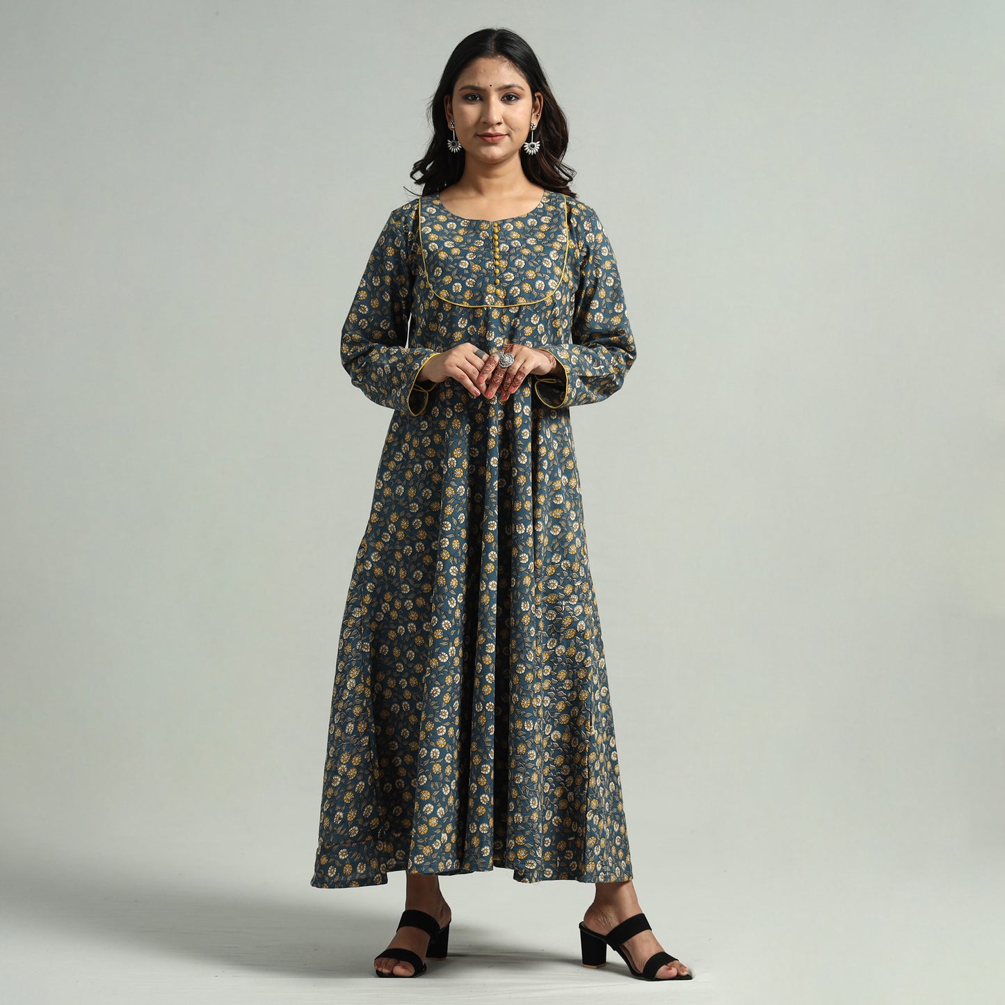 Blue - Kalamkari Printed Cotton A-Line Dress
