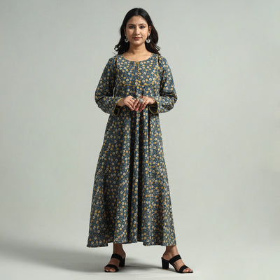 Blue - Kalamkari Printed Cotton A-Line Dress