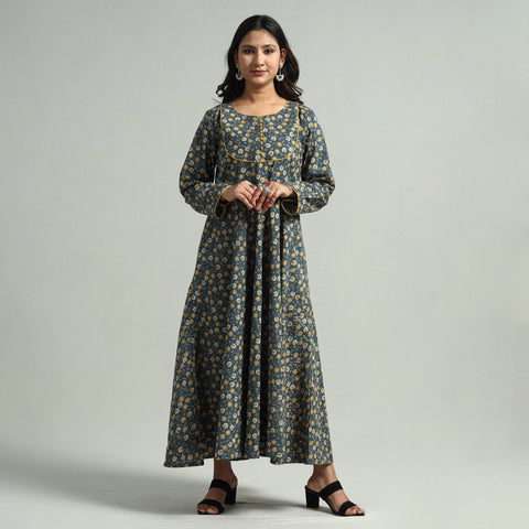 Blue - Kalamkari Printed Cotton A-Line Dress