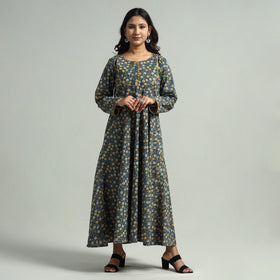 Blue - Kalamkari Printed Cotton A-Line Dress