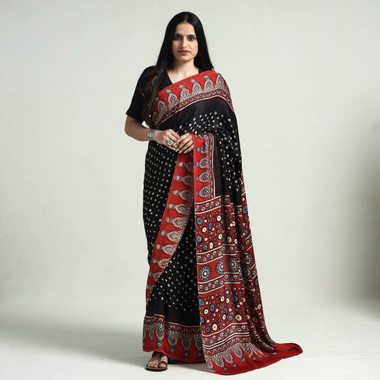 Red - Ajrakh Block Printed Bandhani Modal Silk Saree
