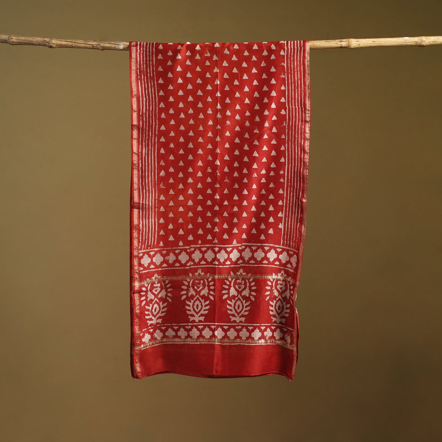 Red - Pipad Hand Block Print Natural Dyed Chanderi Silk Handloom Stole 44