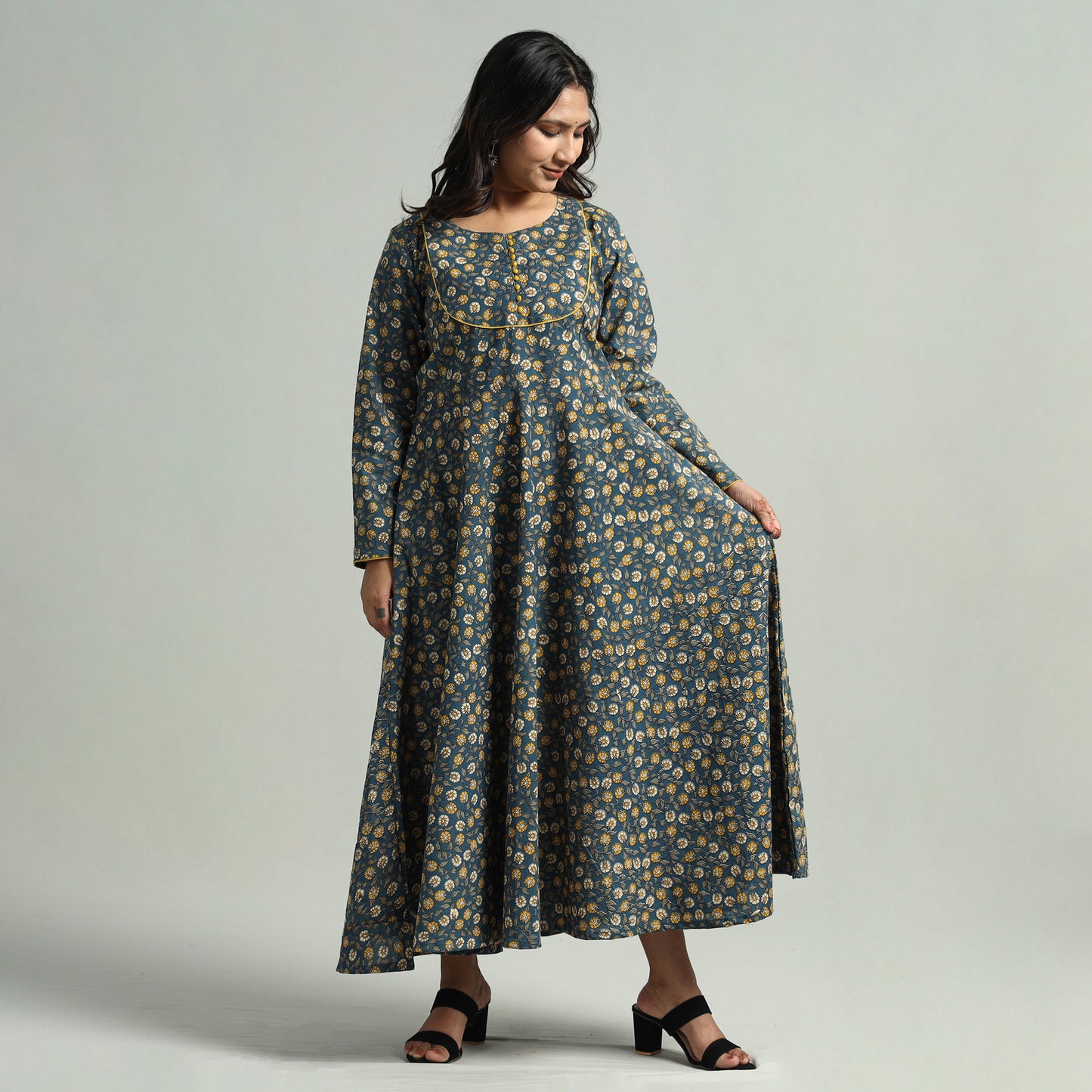 Blue - Kalamkari Printed Cotton A-Line Dress