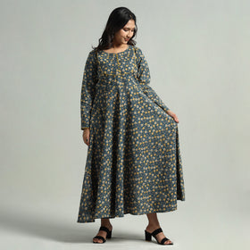 Blue - Kalamkari Printed Cotton A-Line Dress