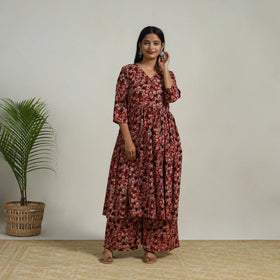 Buy Red Flared Cotton Block Print Kalamkari Kurta Set