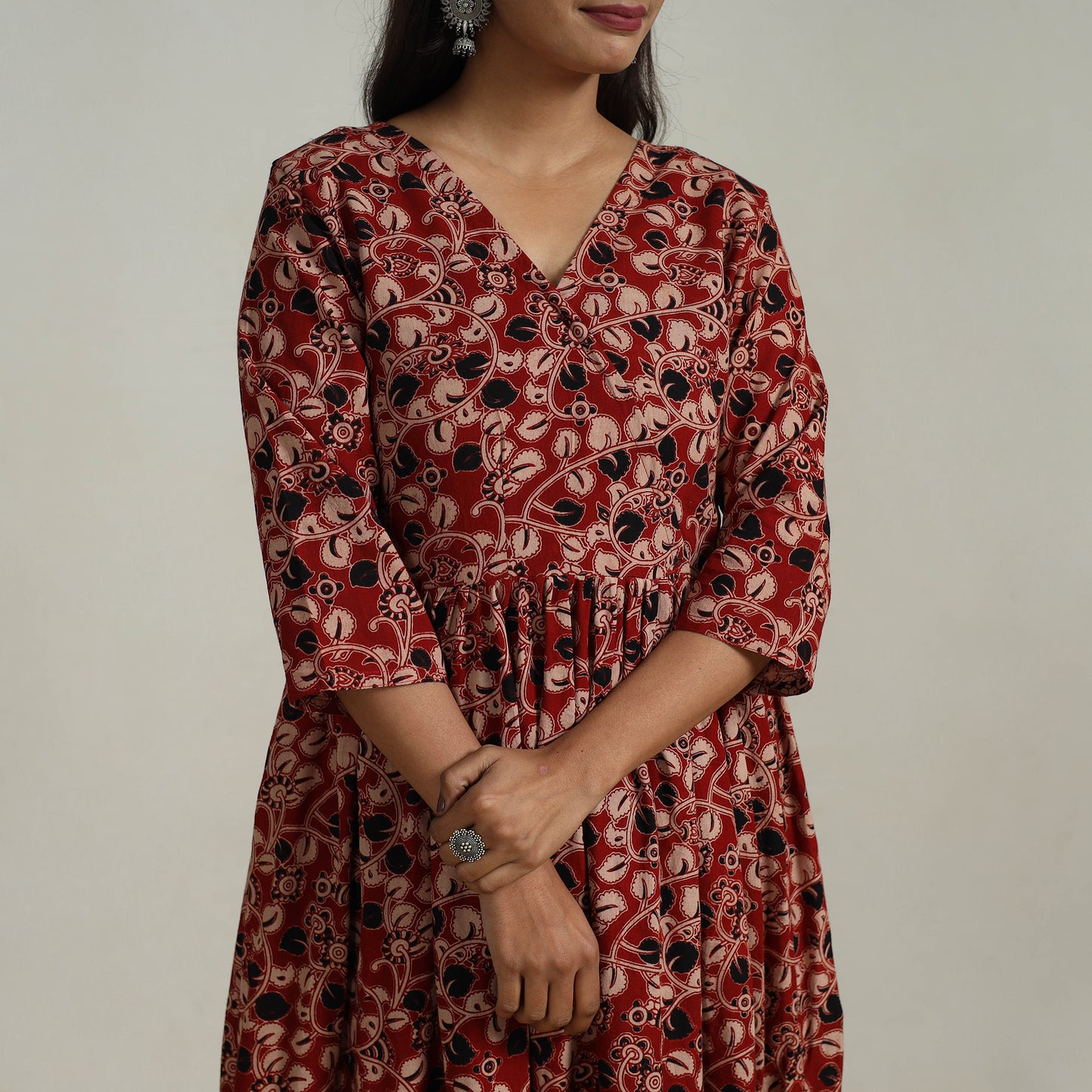 Red - Flared Cotton Block Print Kalamkari Kurta Set 15