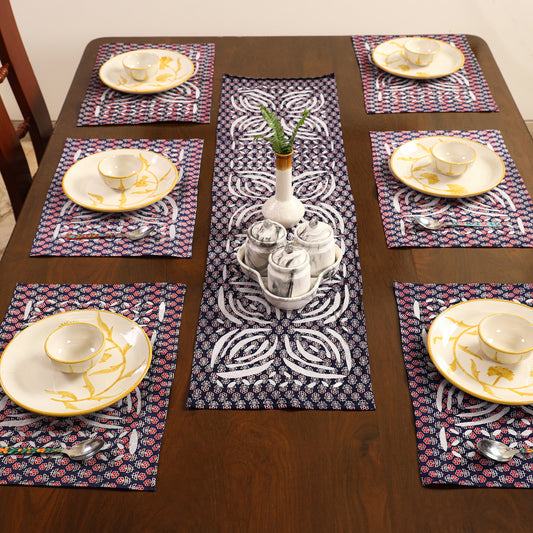 Ajrakh Applique Cut Work Cotton Table Runner with Mats (set of 6)