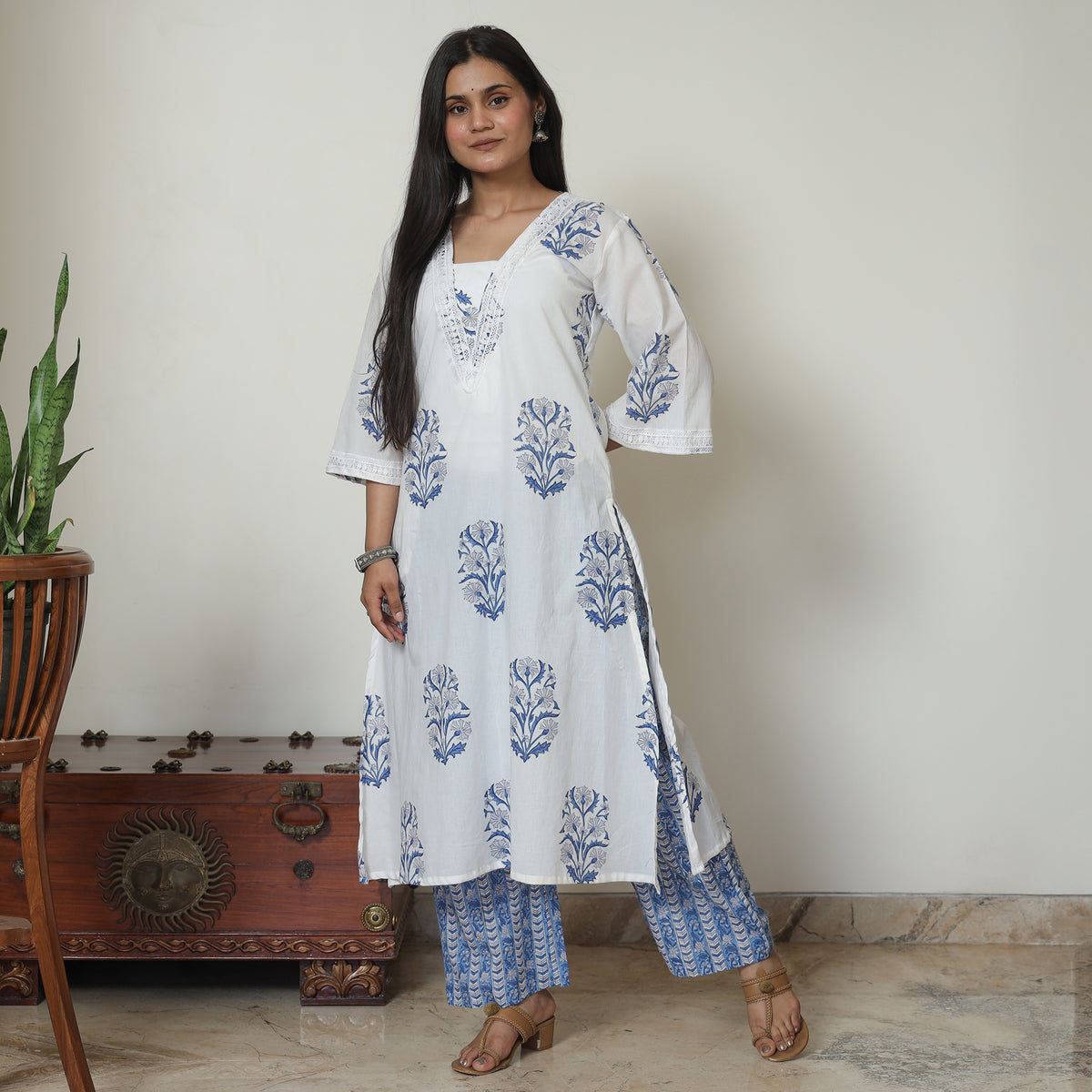 White - Sanganeri Block Printed Cotton Kurta with Palazzo Set 07