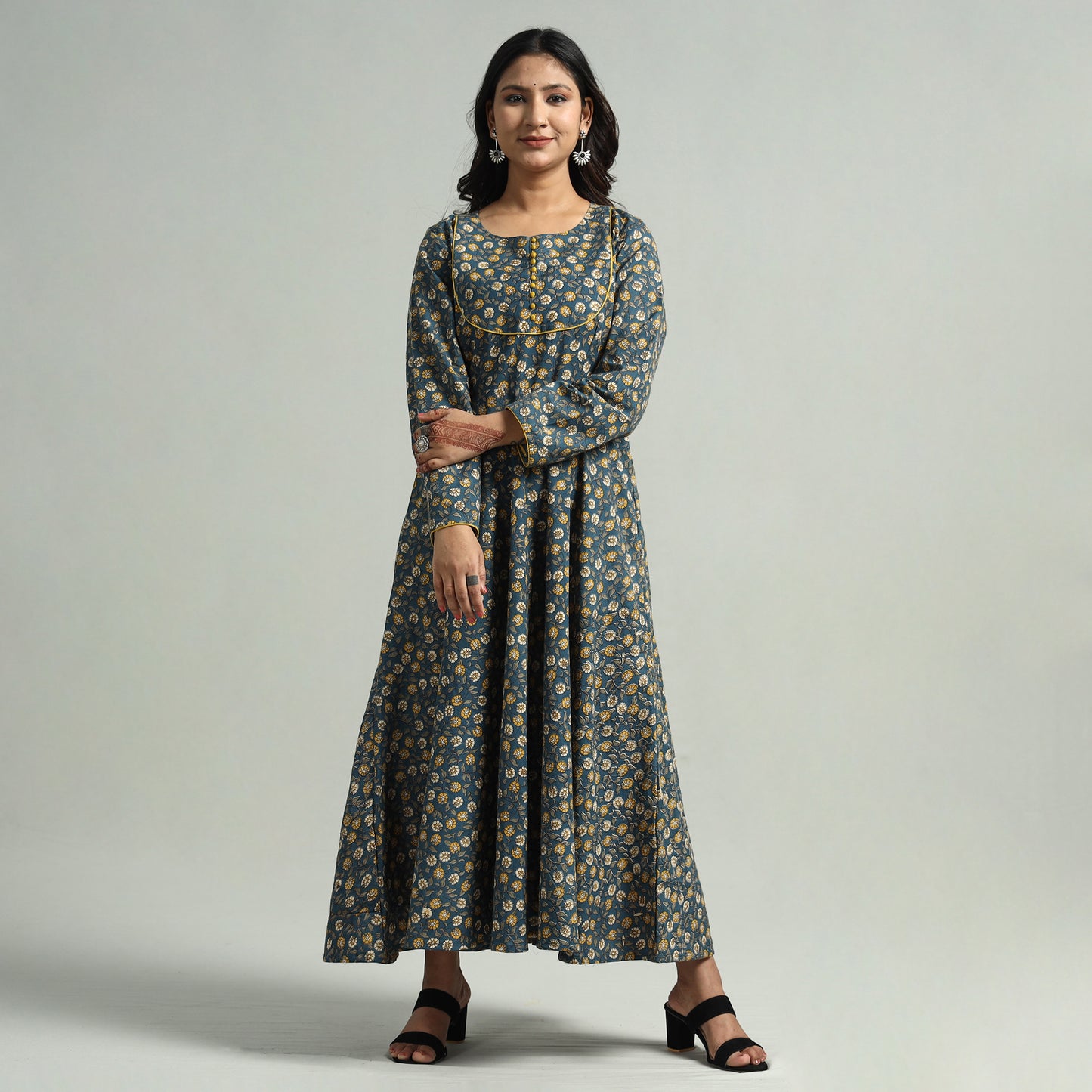 Blue - Kalamkari Printed Cotton A-Line Dress
