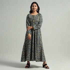 Blue - Kalamkari Printed Cotton A-Line Dress