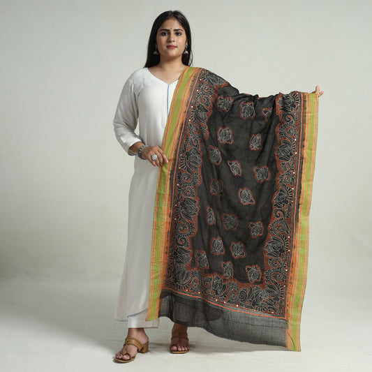 Black - Bengal Kantha Embroidery Cotton Handloom Dupatta 110