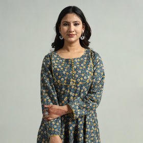 Blue - Kalamkari Printed Cotton A-Line Dress