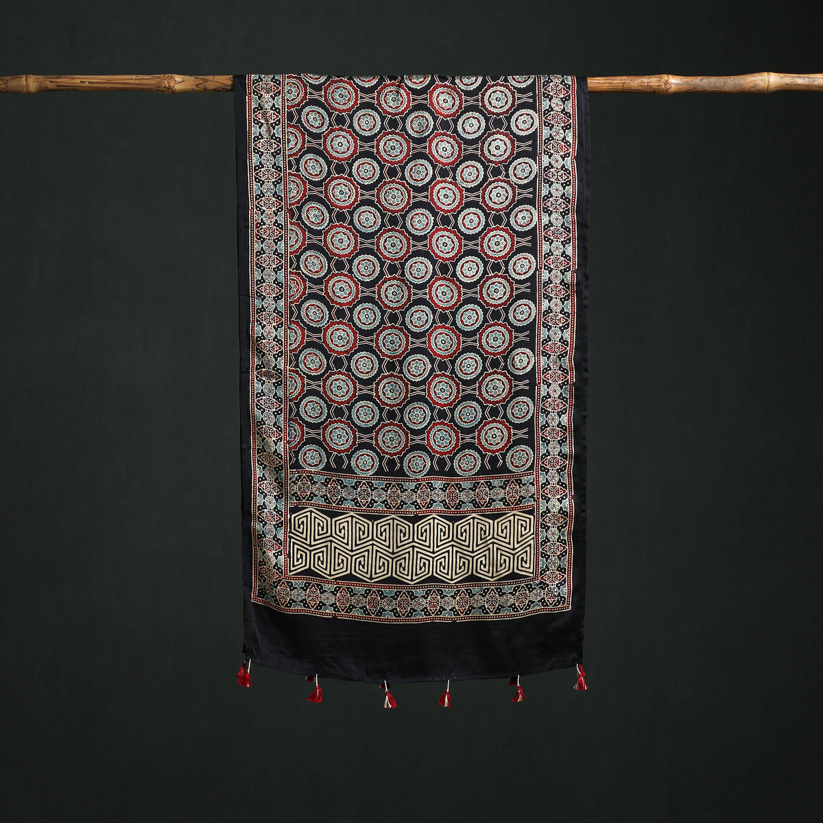 Modal Silk Ajrakh Hand Block Print Natural Dyed Stole 25