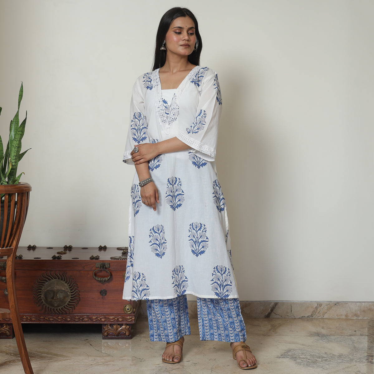 White - Sanganeri Block Printed Cotton Kurta with Palazzo Set 07