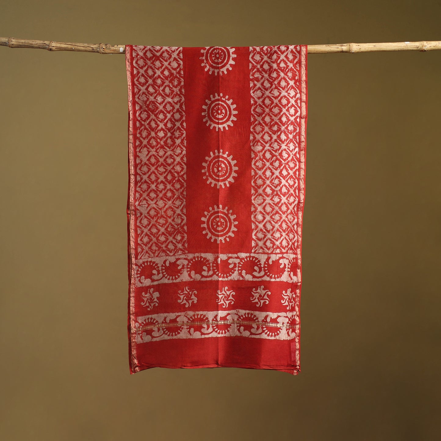 Red - Pipad Hand Block Print Natural Dyed Chanderi Silk Handloom Stole 46