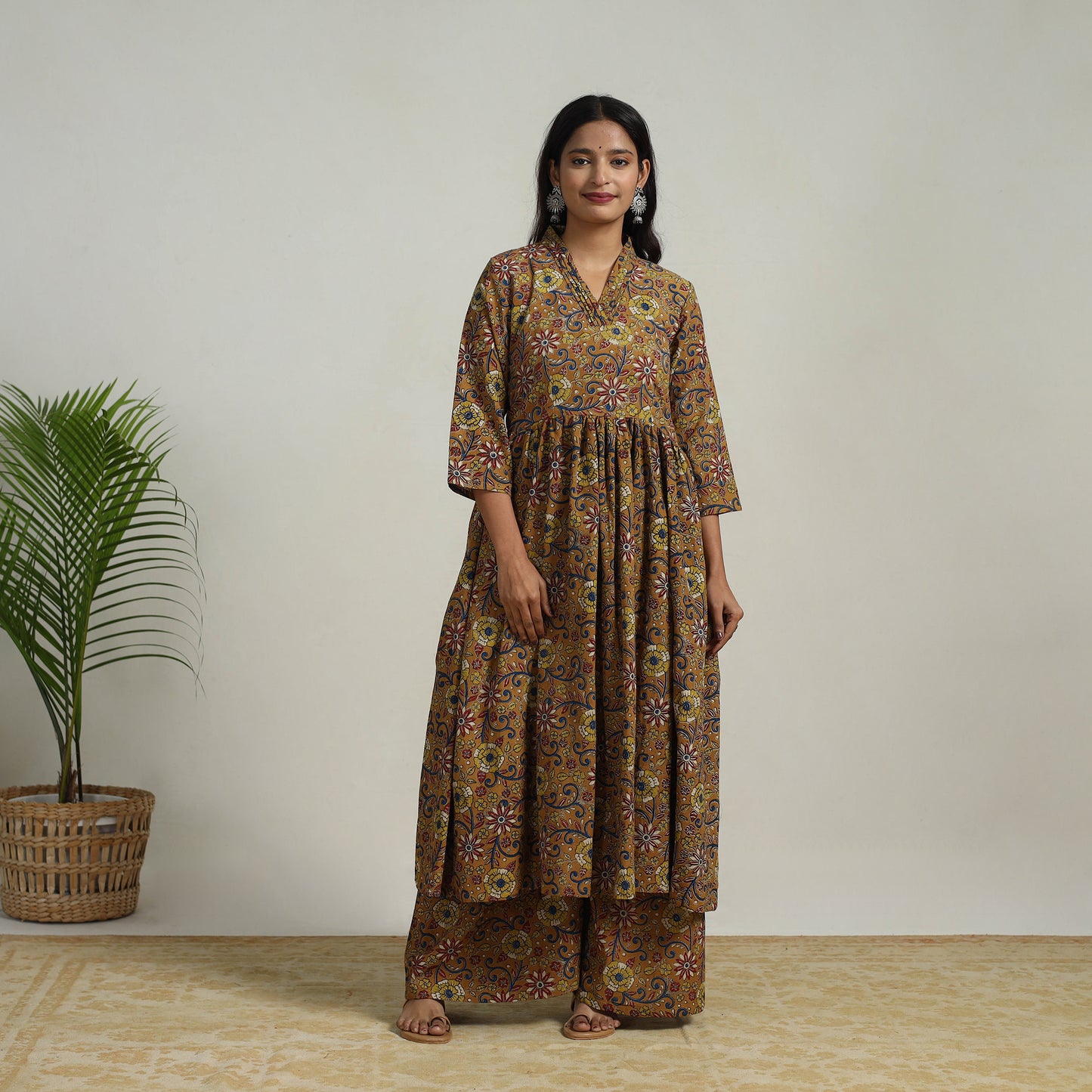 Brown - Flared Cotton Block Print Kalamkari Kurta Set 08