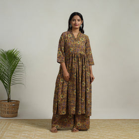 Buy Brown Flared Cotton Block Print Kalamkari Kurta Set