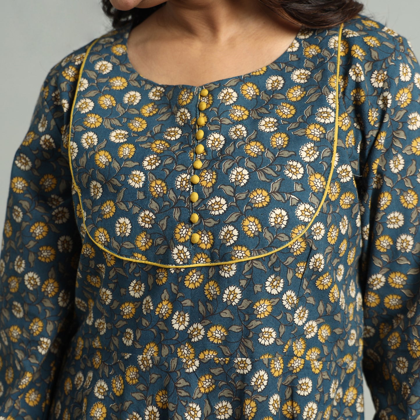 Blue - Kalamkari Printed Cotton A-Line Dress