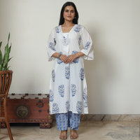 White - Sanganeri Block Printed Cotton Kurta with Palazzo Set 07