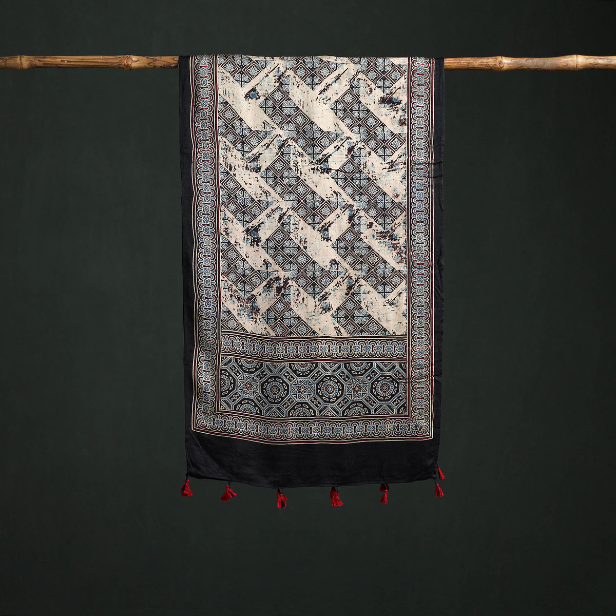 Modal Silk Ajrakh Hand Block Print Natural Dyed Stole 24
