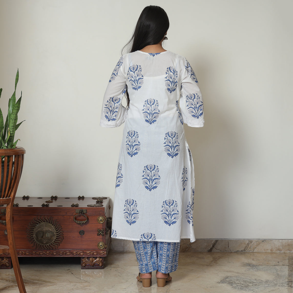 White - Sanganeri Block Printed Cotton Kurta with Palazzo Set 07