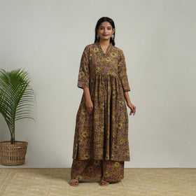 Buy Brown Flared Cotton Block Print Kalamkari Kurta Set