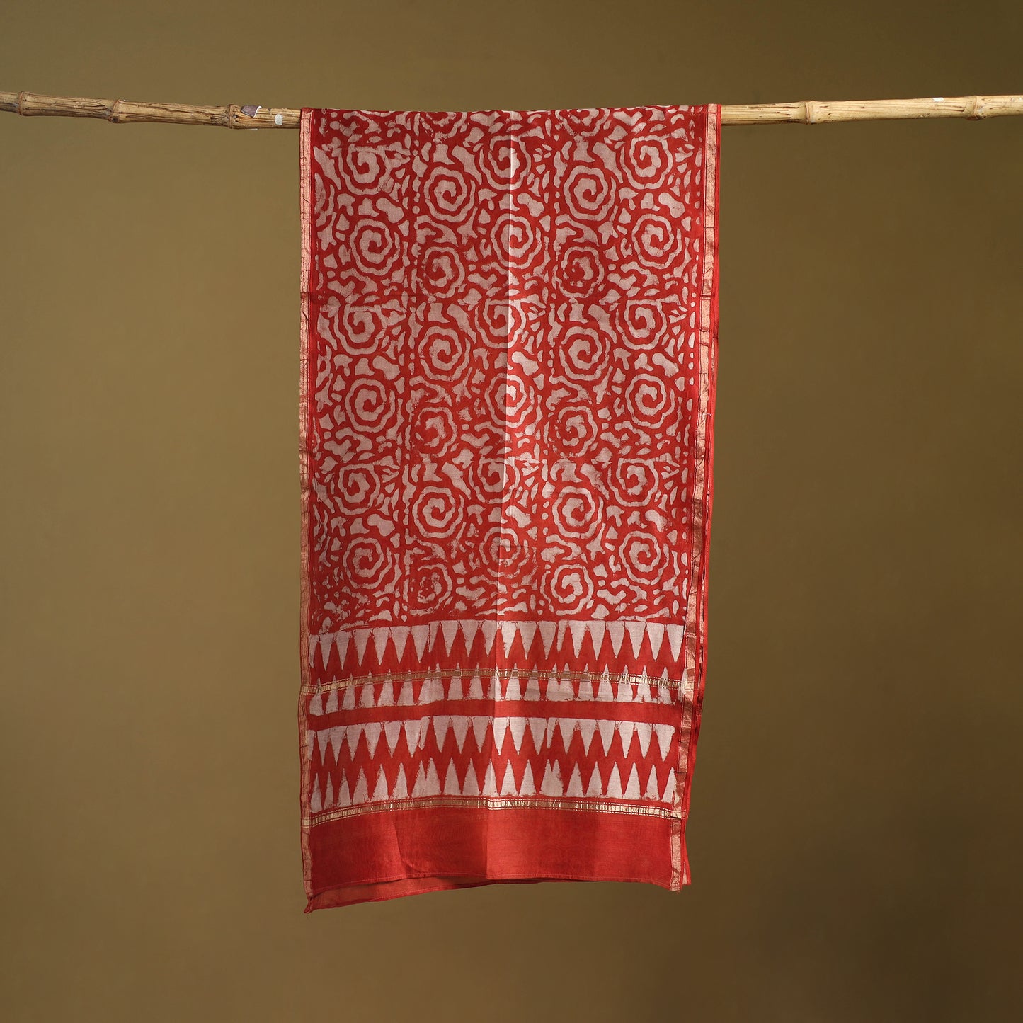 Red - Pipad Hand Block Print Natural Dyed Chanderi Silk Handloom Stole 47
