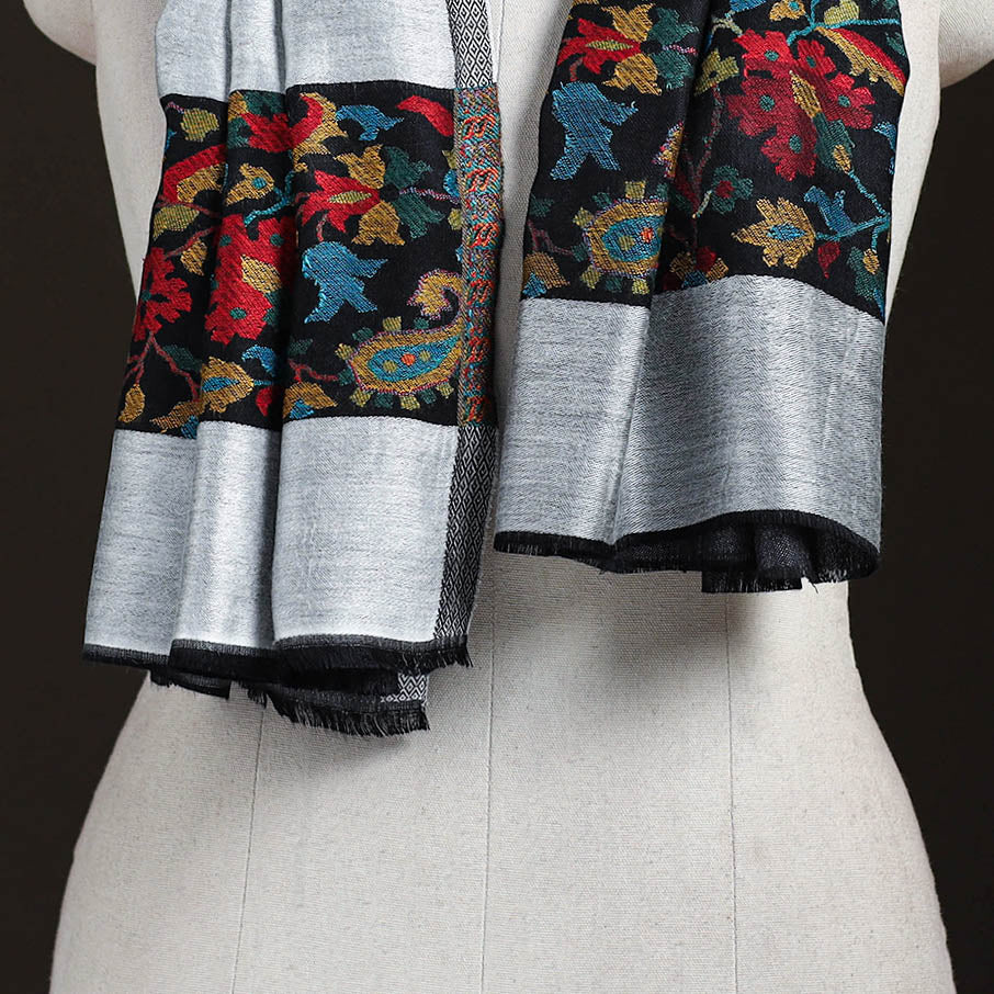 Grey - Plain Modal Silk Stole with Woven Border for Women 03