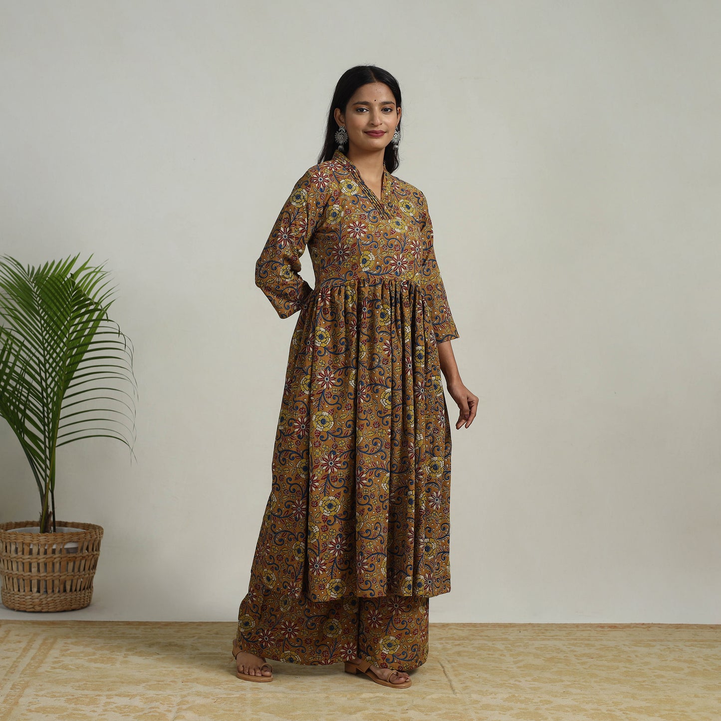 Brown - Flared Cotton Block Print Kalamkari Kurta Set 08