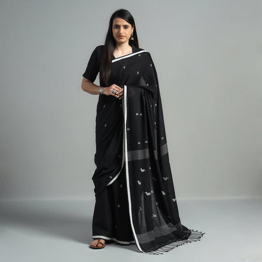 Black - Phulia Jamdani Handloom Cotton Saree with Tassels