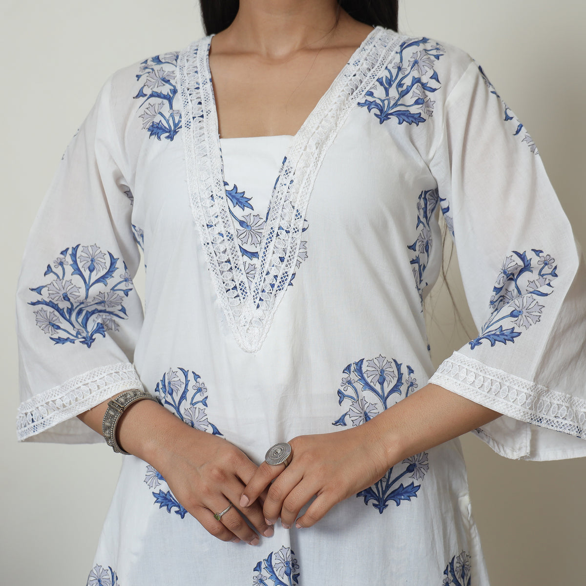 White - Sanganeri Block Printed Cotton Kurta with Palazzo Set 07