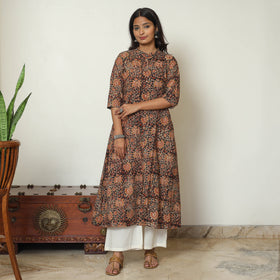 Black Block Print Cotton A-Line Kalamkari Kurta for Women