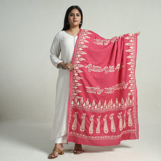 Pink - Bengal Kantha Embroidery Cotton Handloom Dupatta 111