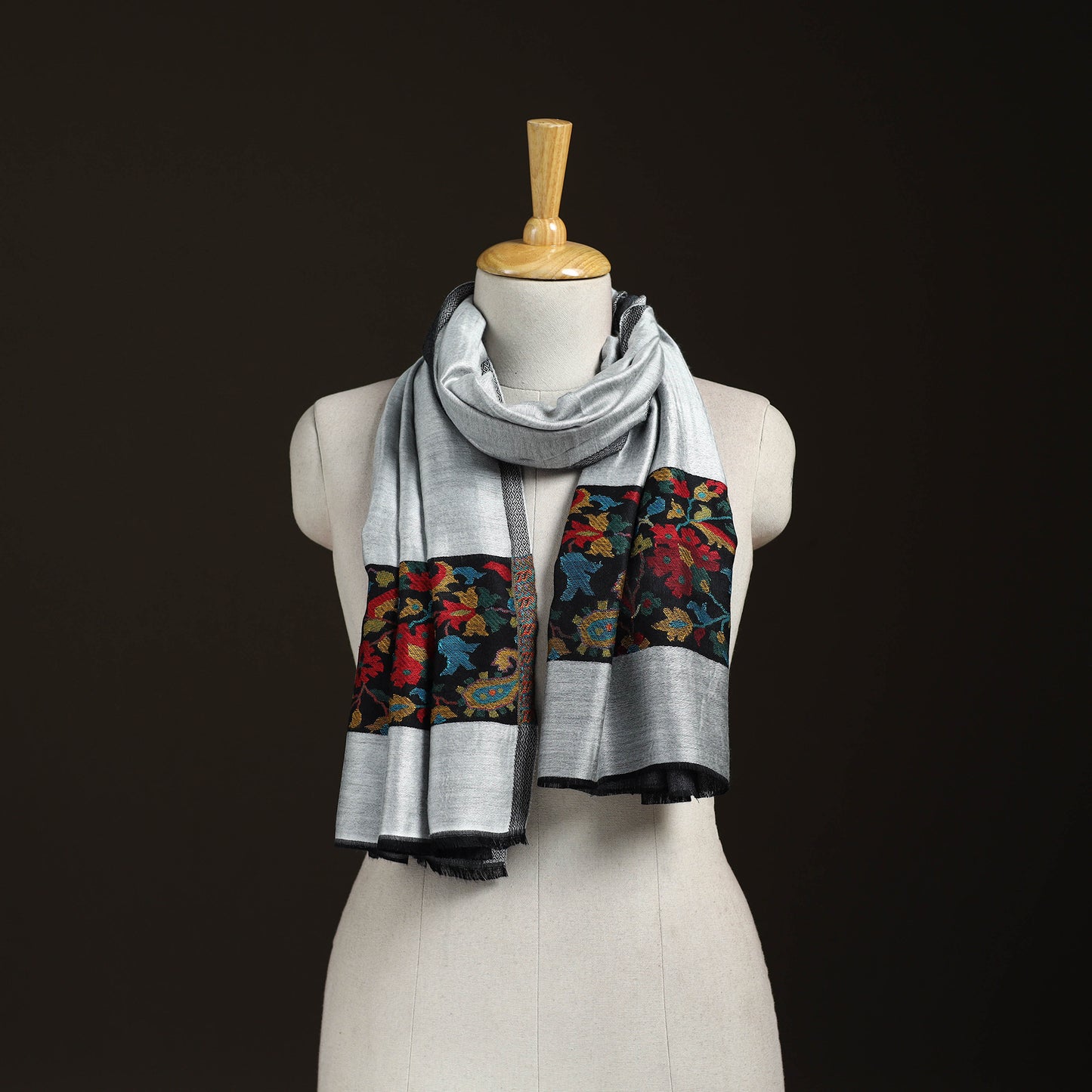 Grey - Plain Modal Silk Stole with Woven Border for Women 03
