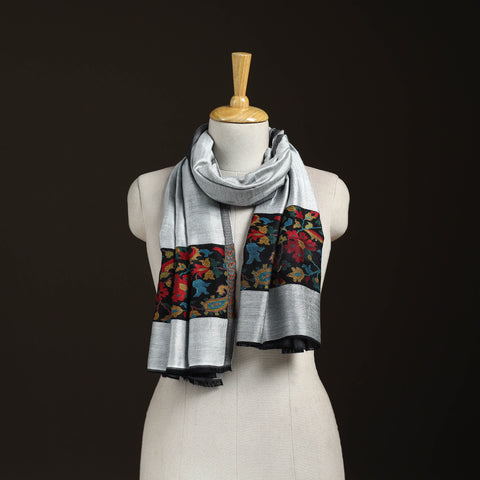 Grey - Plain Modal Silk Stole with Woven Border for Women 03