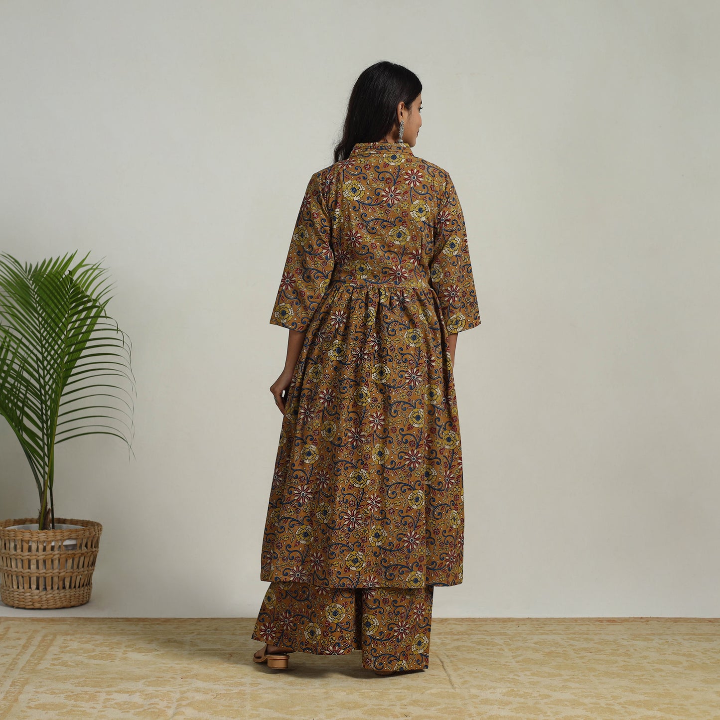 Brown - Flared Cotton Block Print Kalamkari Kurta Set 08