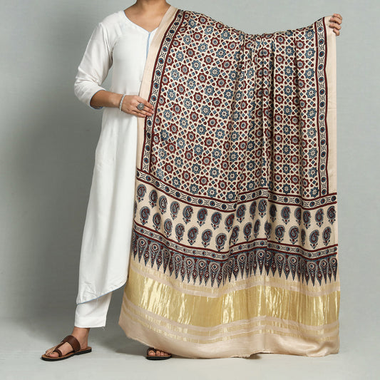 Beige - Ajrakh Hand Block Printed Modal Silk Dupatta with Zari Border