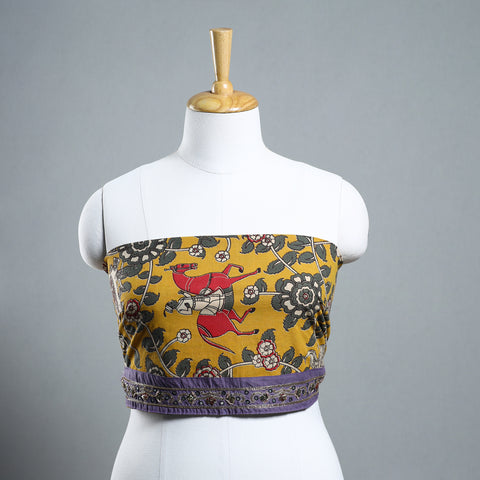 Yellow - Zardozi Hand Embroidered Kalamkari Cotton Blouse Piece 34