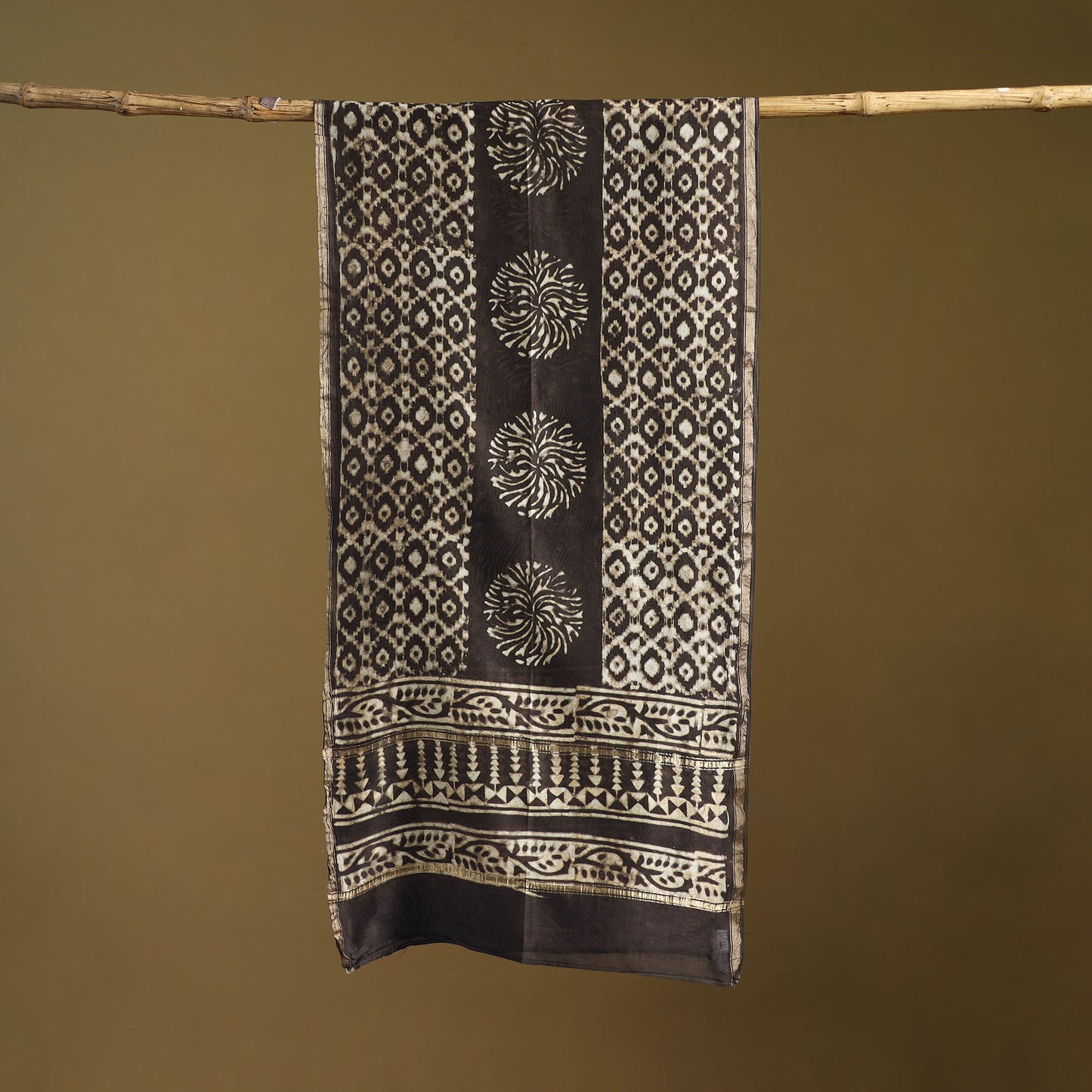 Brown - Pipad Hand Block Print Natural Dyed Chanderi Silk Handloom Stole 49