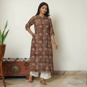 Black Block Print Cotton A-Line Kalamkari Kurta for Women