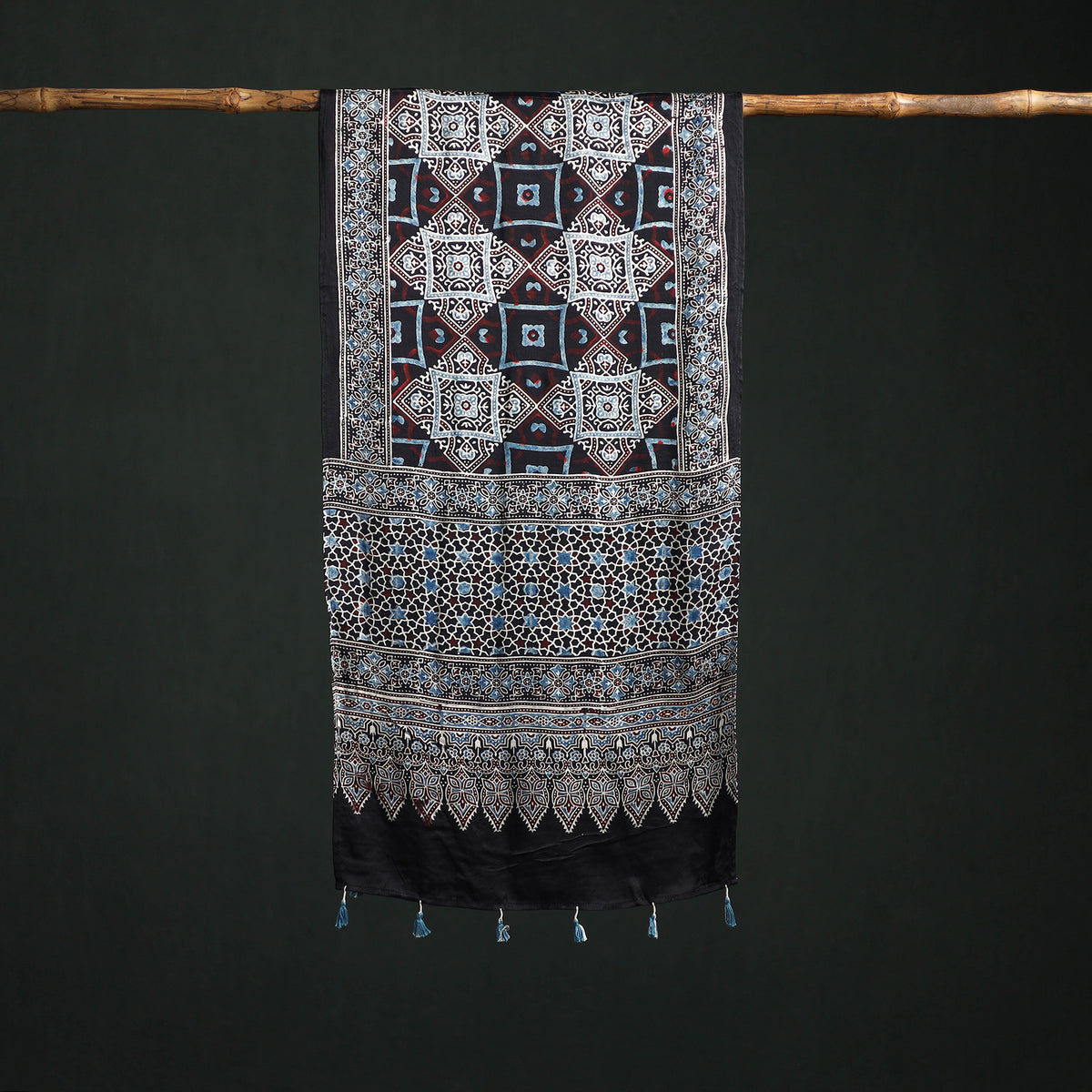 Modal Silk Ajrakh Hand Block Print Natural Dyed Stole 21