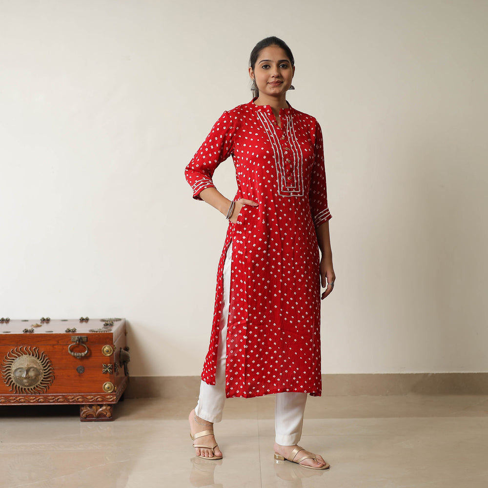 Red - Tie & dye Modal Silk Straight Bandhani Kurta 01