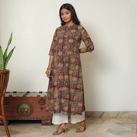 Black Block Print Cotton A-Line Kalamkari Kurta for Women