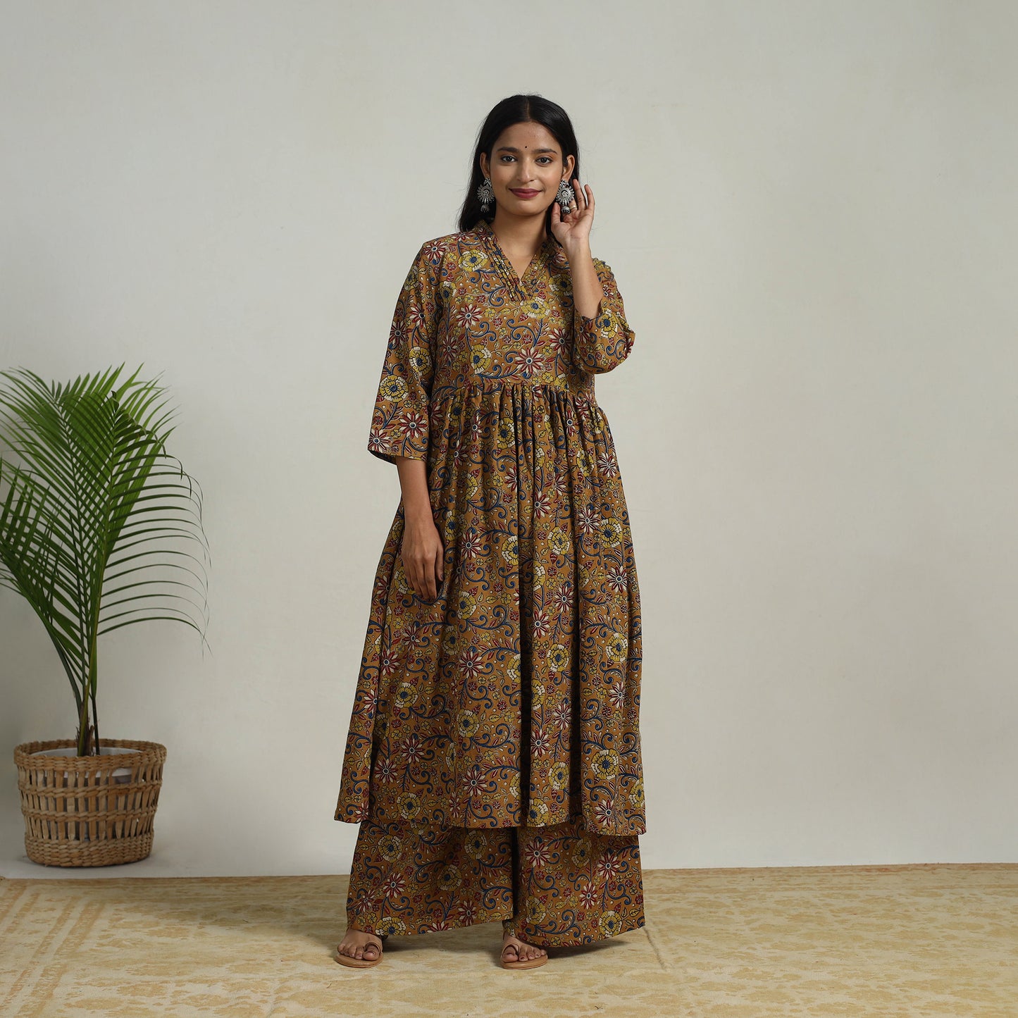 Brown - Flared Cotton Block Print Kalamkari Kurta Set 08