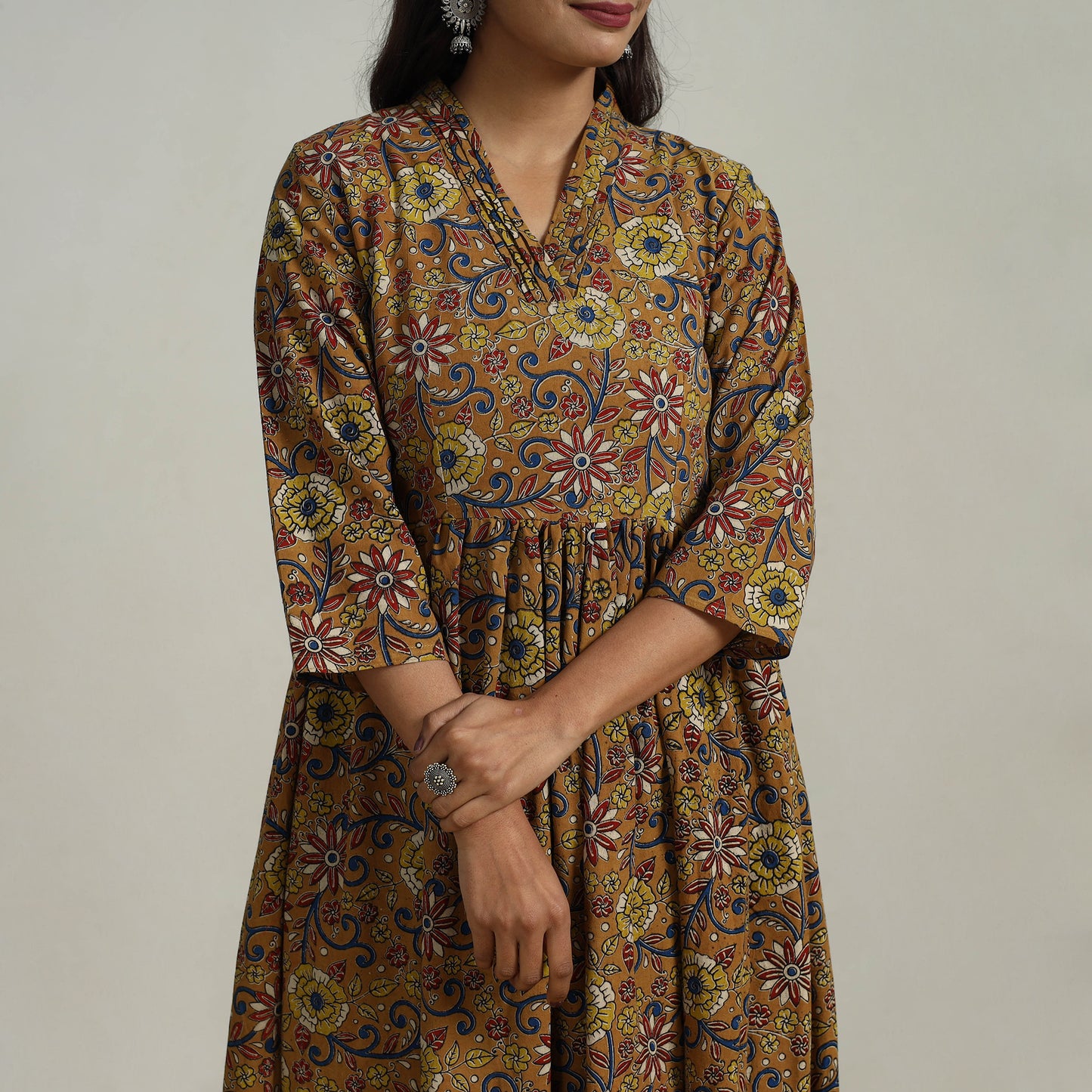 Brown - Flared Cotton Block Print Kalamkari Kurta Set 08