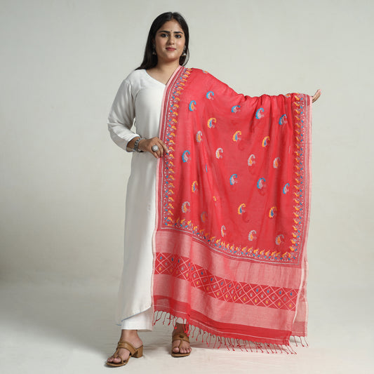 Red - Bengal Kantha Embroidery Cotton Handloom Dupatta 112